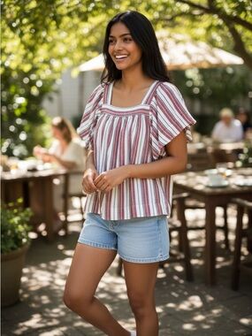 LOFT Red and White Striped Square-Neck Puff Sleeve Blouse